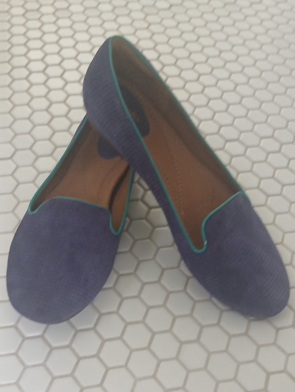 Clarks Navy Flats with Teal Piping